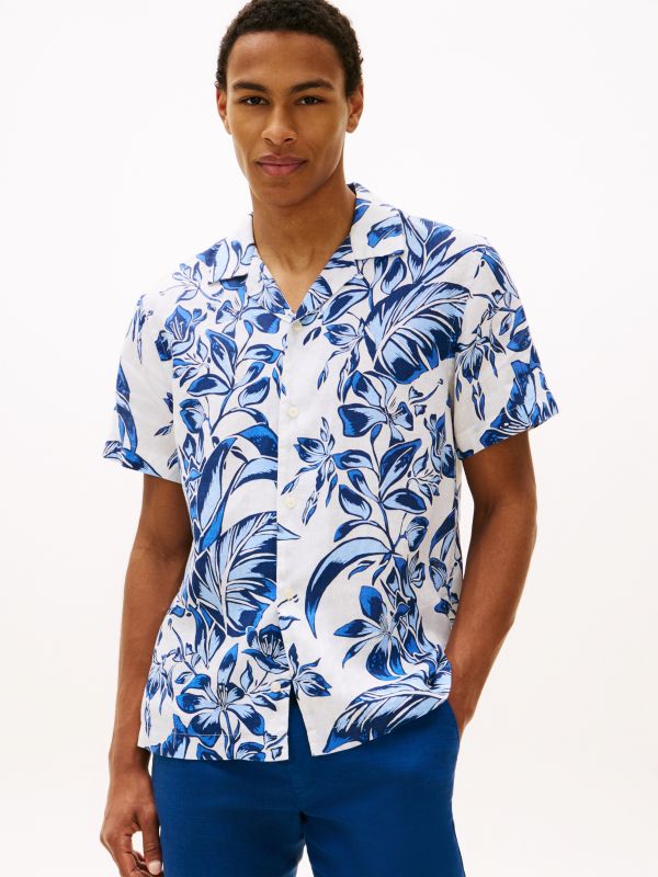 Tropical Print Linen Camp Shirt — White/Blue Print