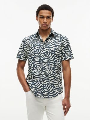 Palm Leaf Print Paper-Touch Shirt, Black