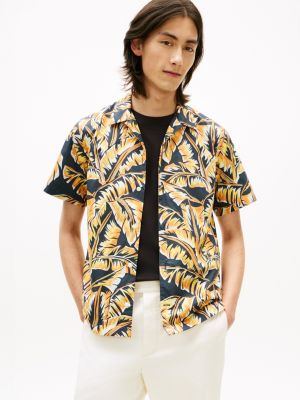 Palm Leaf Print Paper-Touch Camp Shirt, Black Printed