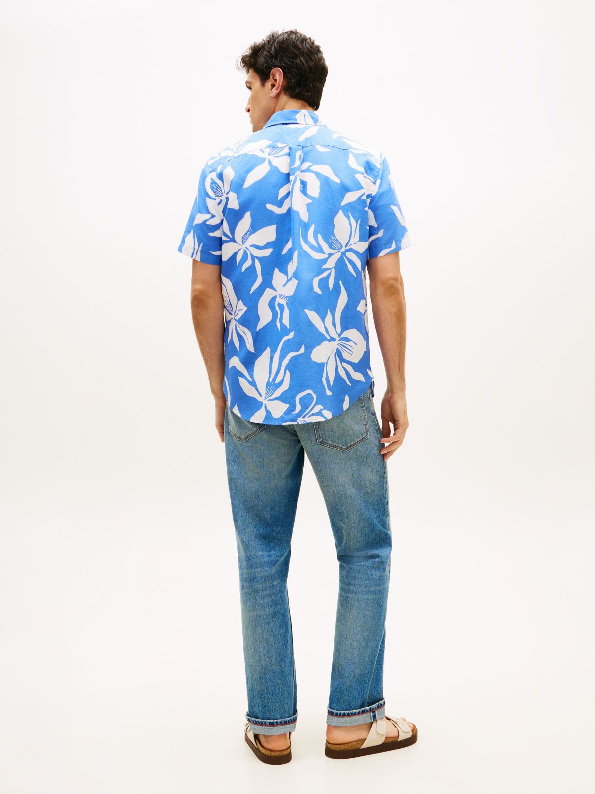 Tropical Print Cotton-Linen Blend Shirt — Blue Spell/White