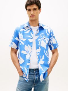 Tropical Print Cotton-Linen Blend Shirt — Blue Spell/White 1