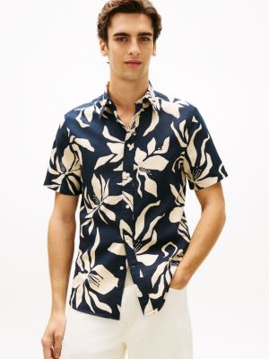 Tropical Print Cotton-Linen Blend Shirt, Navy