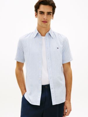 Striped Cotton-Linen Blend Shirt, Cloudy Blue/White Stripe