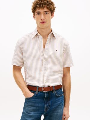 Striped Cotton-Linen Blend Shirt, Sandalwood/White Stripe