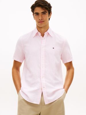 Striped Cotton-Linen Blend Shirt, Classic Pink/White Stripe