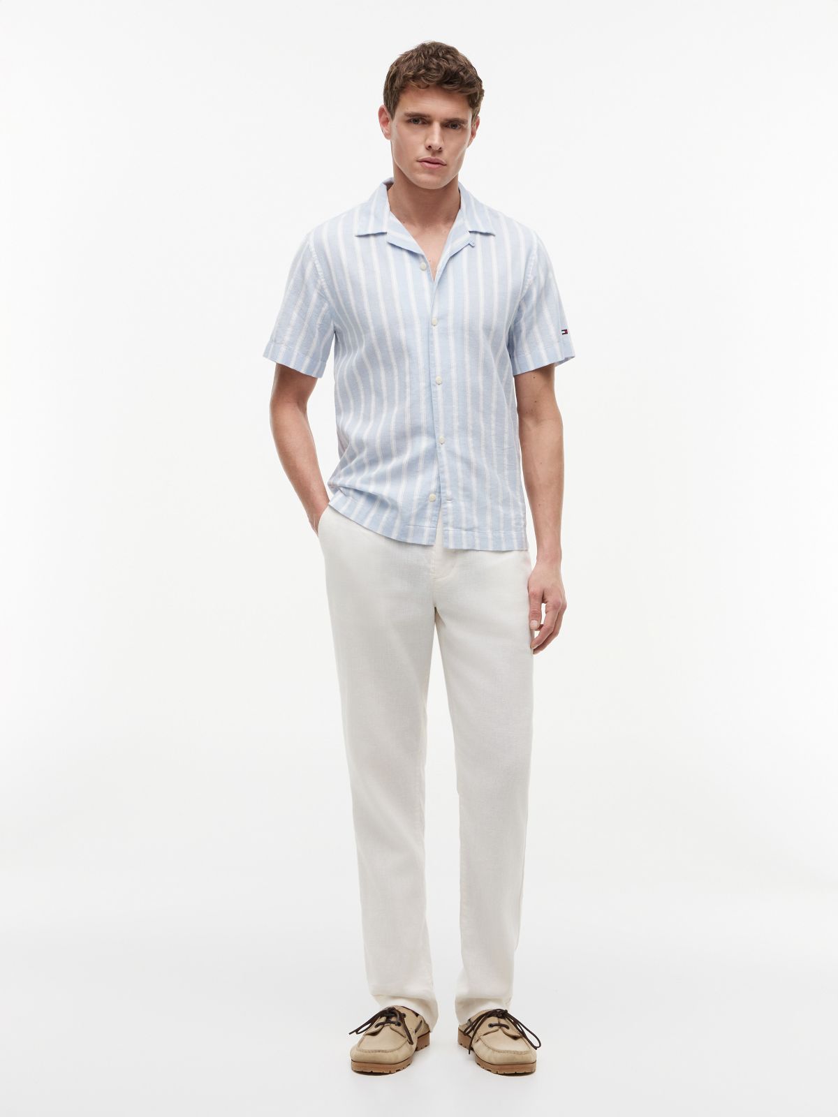 Striped Cotton-Linen Blend Camp Shirt — Sweet Blue Stripe