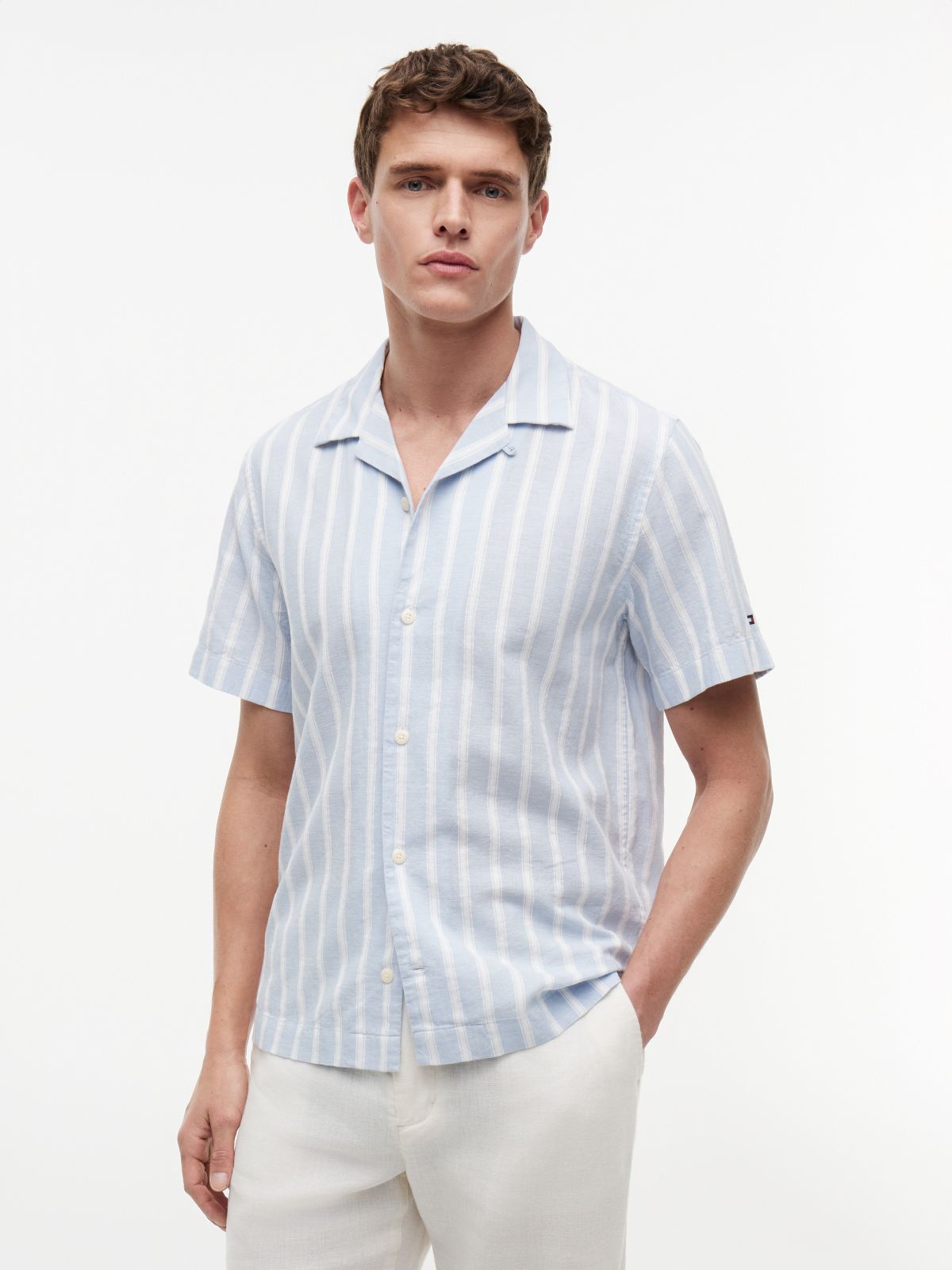 Striped Cotton-Linen Blend Camp Shirt — Sweet Blue Stripe
