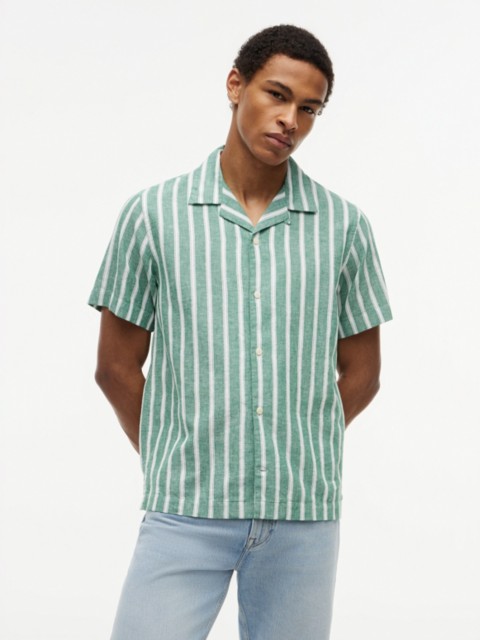 Мужские рубашки Tommy Hilfiger Striped Cotton-Linen Blend Camp Shirt