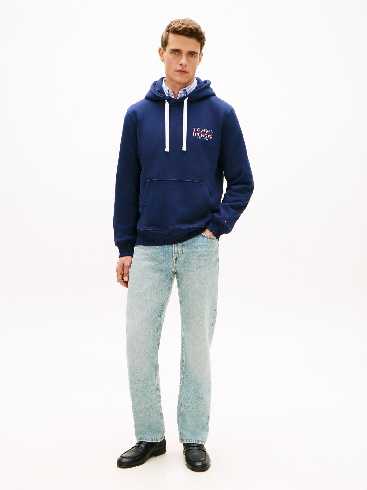 Embroidered Monotype Logo Hoodie — Light Navy