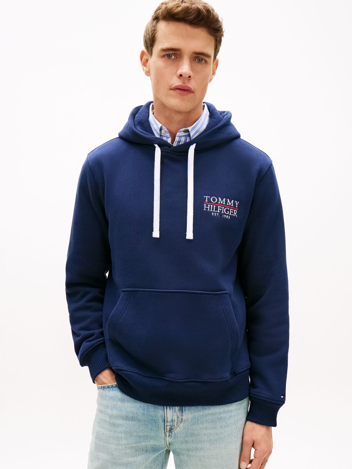 Embroidered Monotype Logo Hoodie — Light Navy
