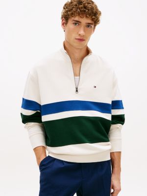 Block Stripe Quarter-Zip Sweatshirt, Ivory Petal