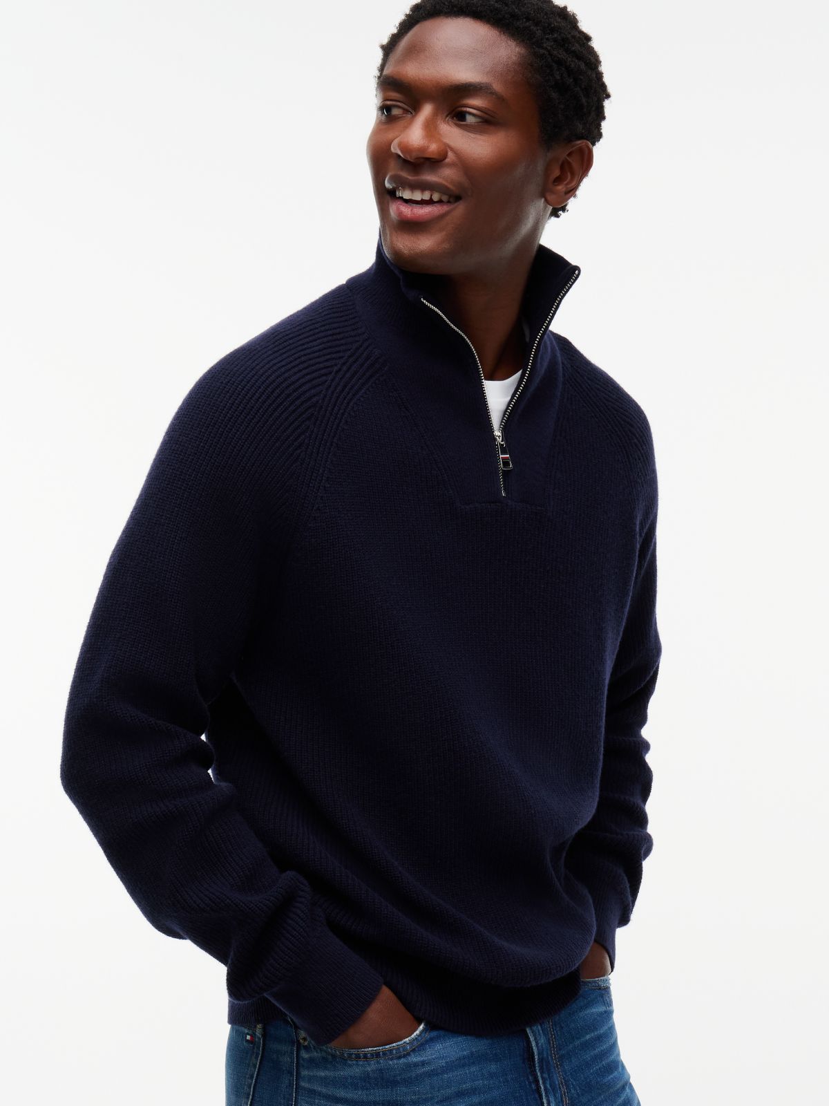 Fisherman Knit Quarter-Zip Sweater — Navy Blue