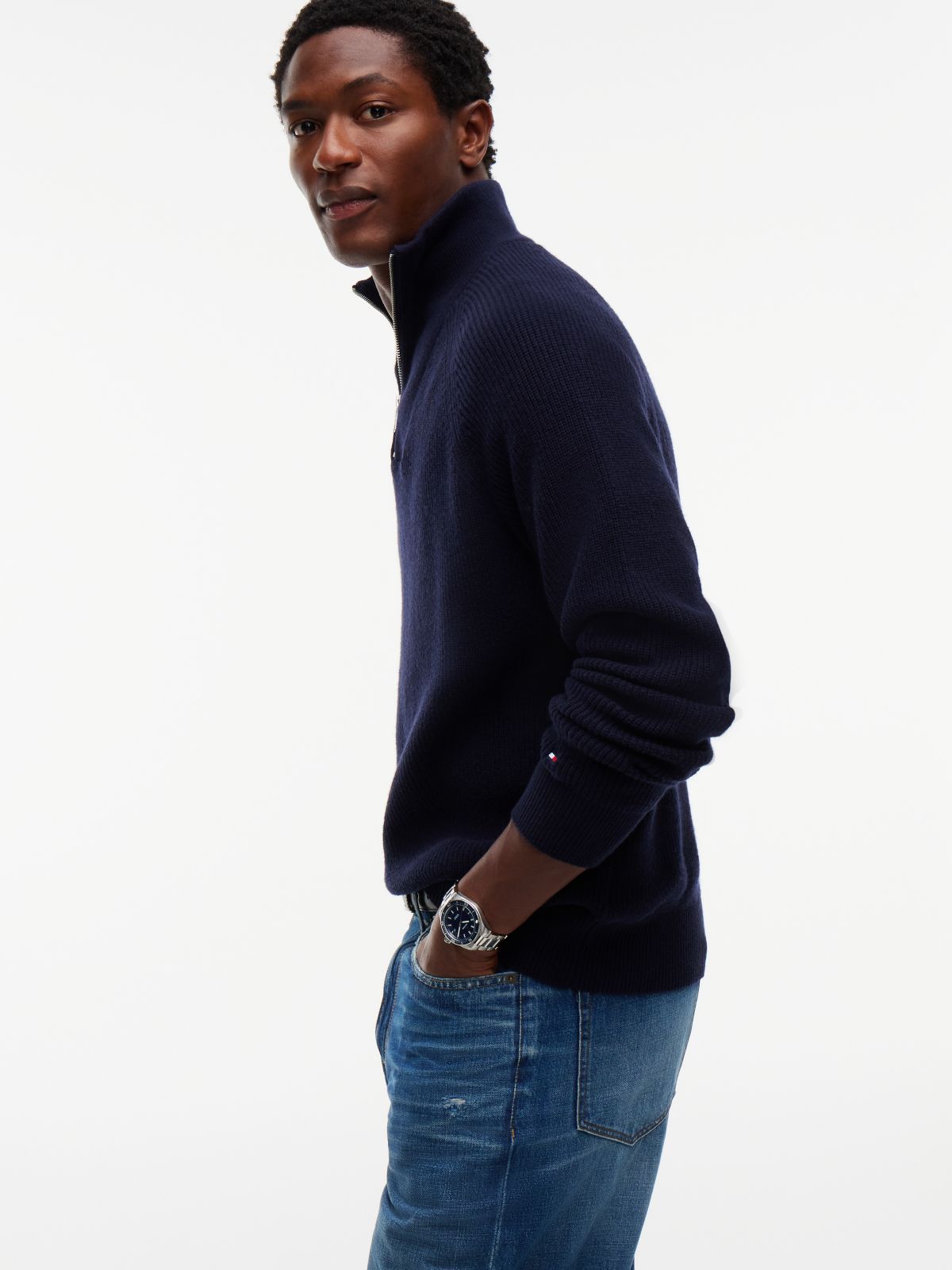 Fisherman Knit Quarter-Zip Sweater — Navy Blue