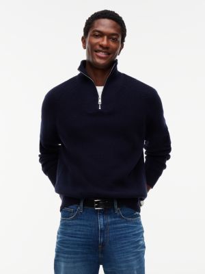 Fisherman Knit Quarter-Zip Sweater, Navy Blue