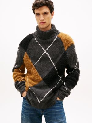 Argyle Wool-Blend Turtleneck Sweater, Dark Grey Heather
