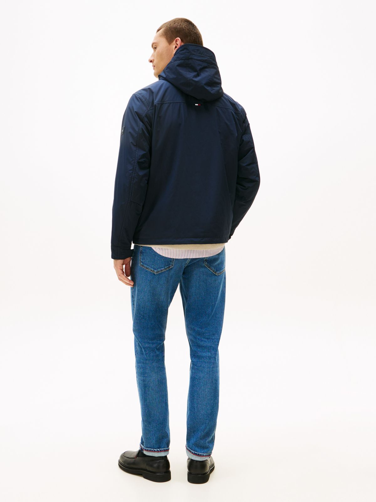 Water-Repellent Packable Hooded Jacket — Navy