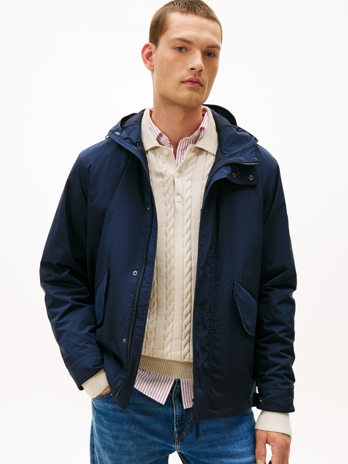 Water-Repellent Packable Hooded Jacket — Navy