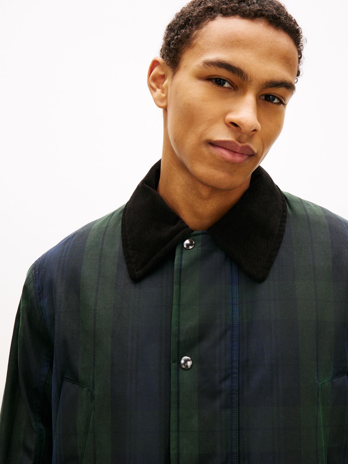 Relaxed Padded Waxed Tartan Barn Coat — Blue/Green Multi