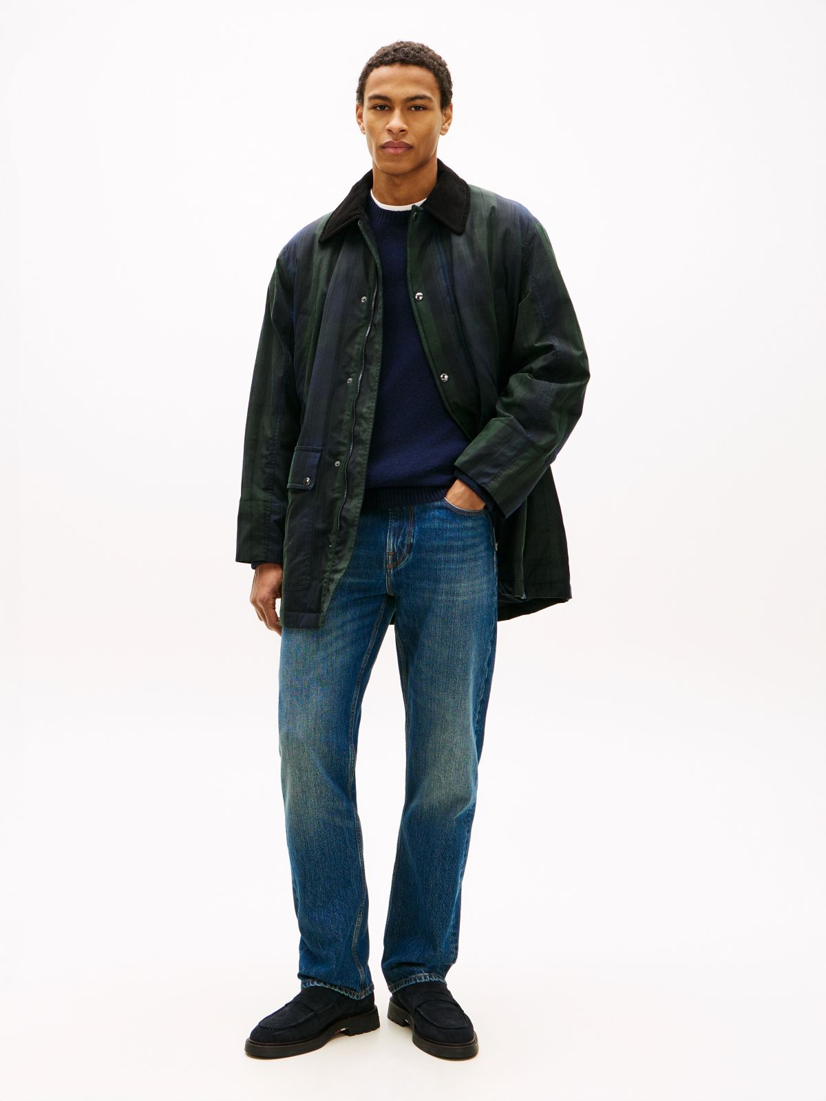 Relaxed Padded Waxed Tartan Barn Coat — Blue/Green Multi
