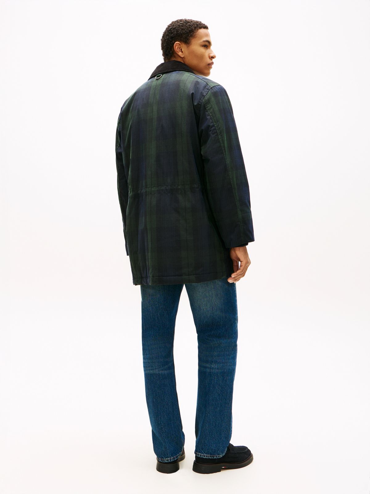 Relaxed Padded Waxed Tartan Barn Coat — Blue/Green Multi