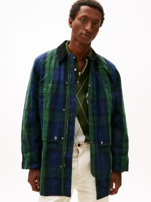 Tartan Padded Waxed Barn Coat, Blue/Green Multi