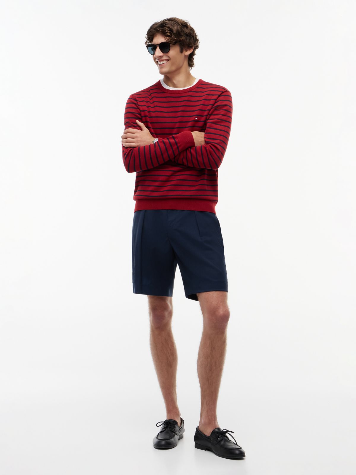 New York Label Pleated Wool Chino Short — Navy