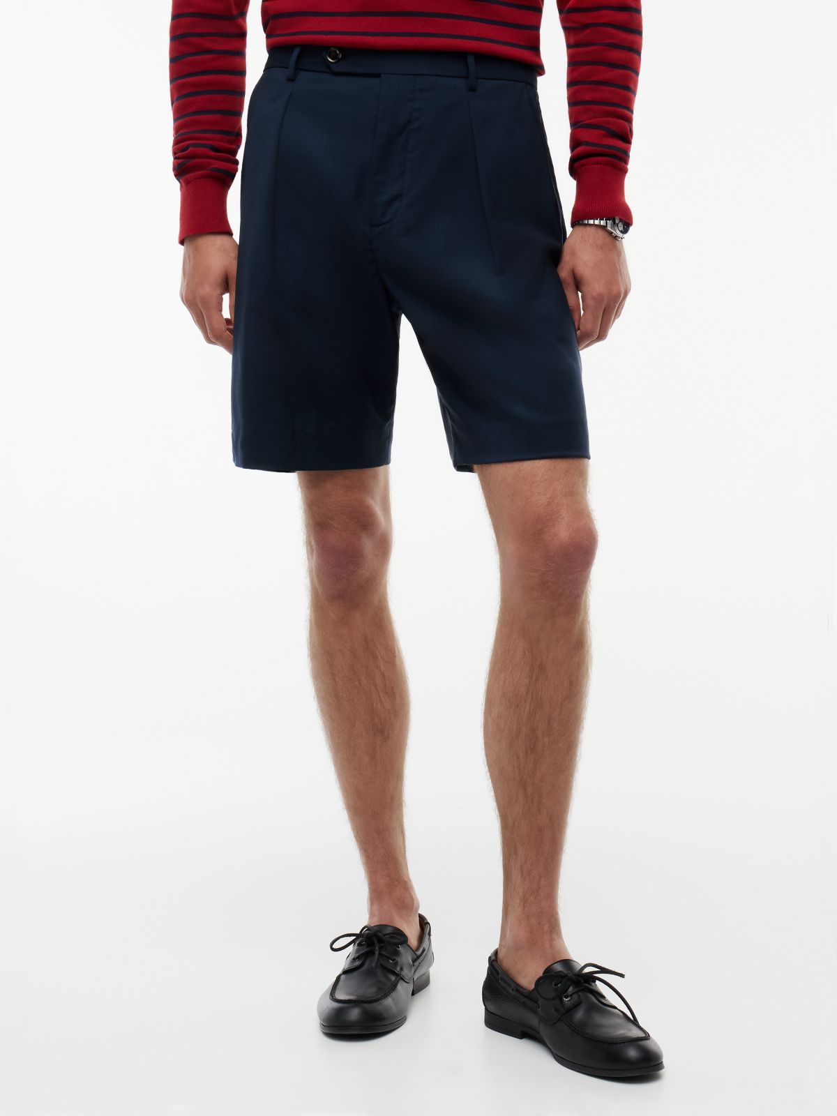 New York Label Pleated Wool Chino Short — Navy