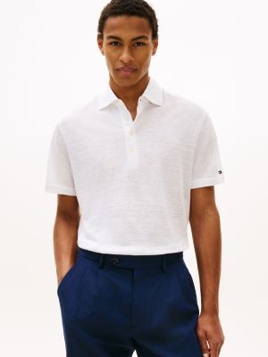 New York Label Cotton-Linen Blend Polo, White