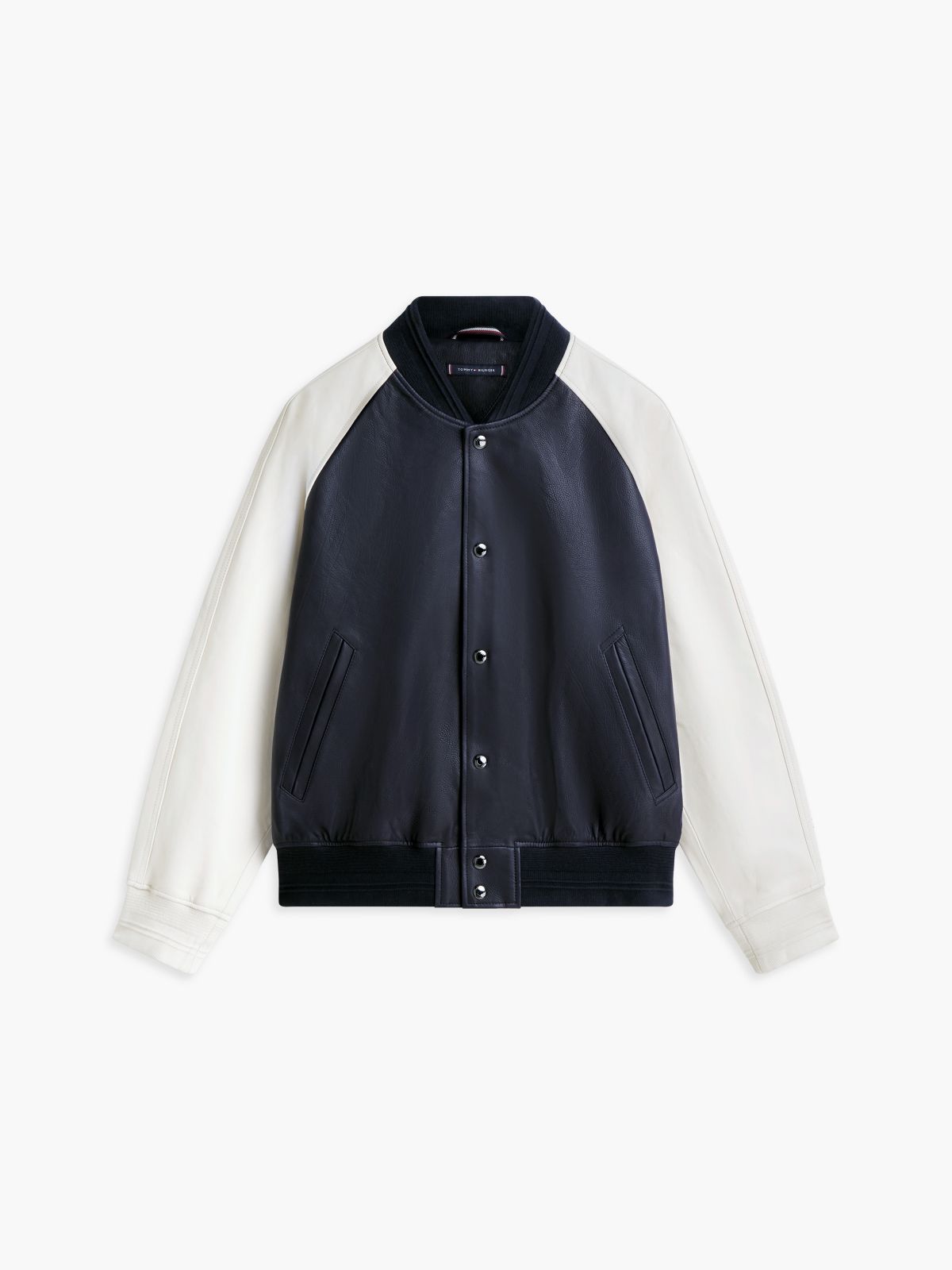 Colorblock Leather Varsity Bomber Jacket — Navy