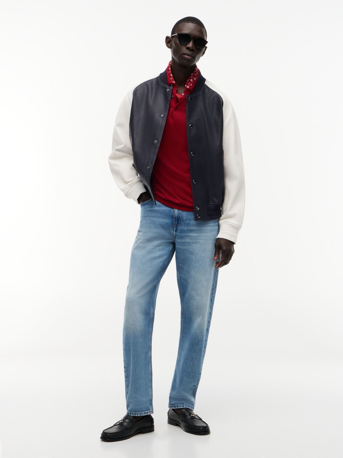 Colorblock Leather Varsity Bomber Jacket — Navy