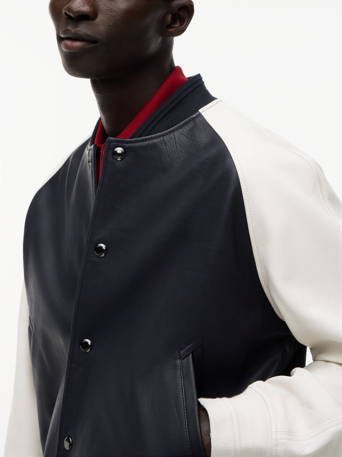 Colorblock Leather Varsity Bomber Jacket — Navy