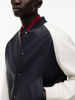 Colorblock Leather Varsity Bomber Jacket — Navy 3