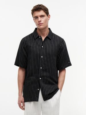 New York Label Relaxed Linen-Blend Shirt, Black/White Stripe