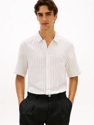 New York Label Relaxed Linen-Blend Shirt, White/Black Stripe