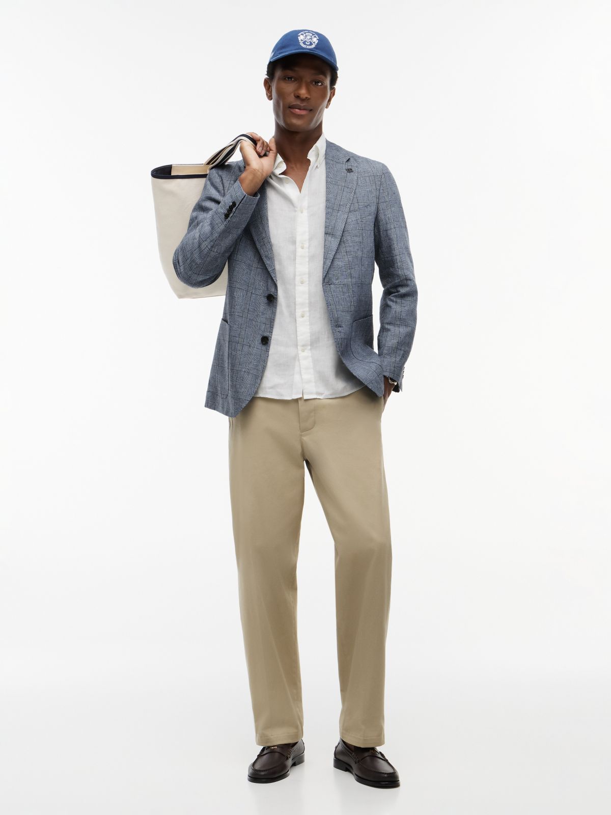 New York Label Regular Fit Linen Blazer — Navy Check