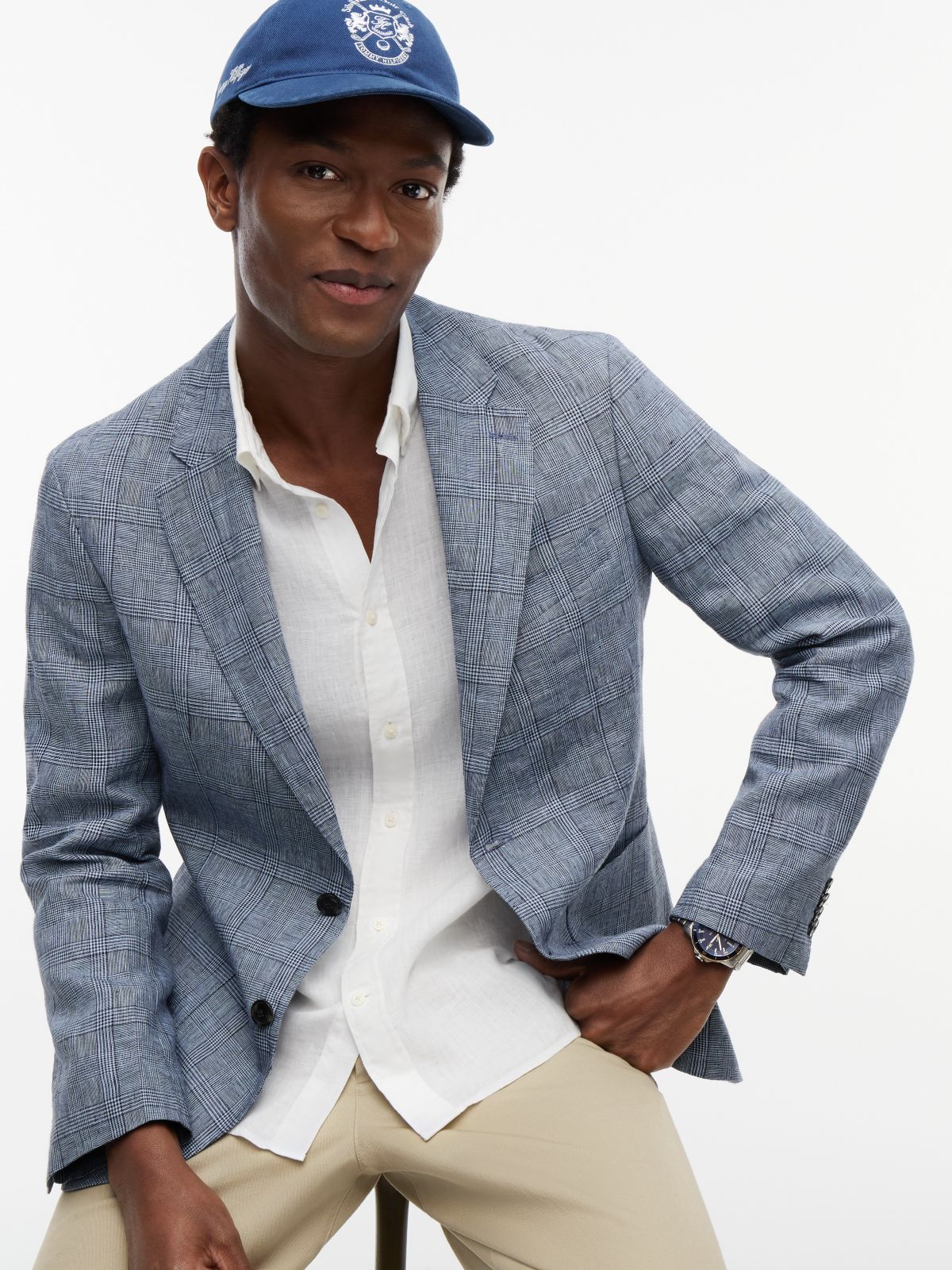 New York Label Regular Fit Linen Blazer — Navy Check