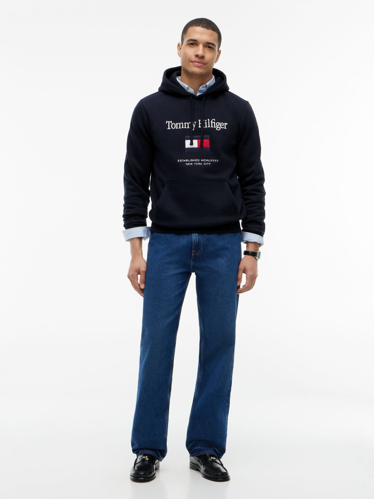 Embroidered Flag Logo Flex Fleece Hoodie — Navy