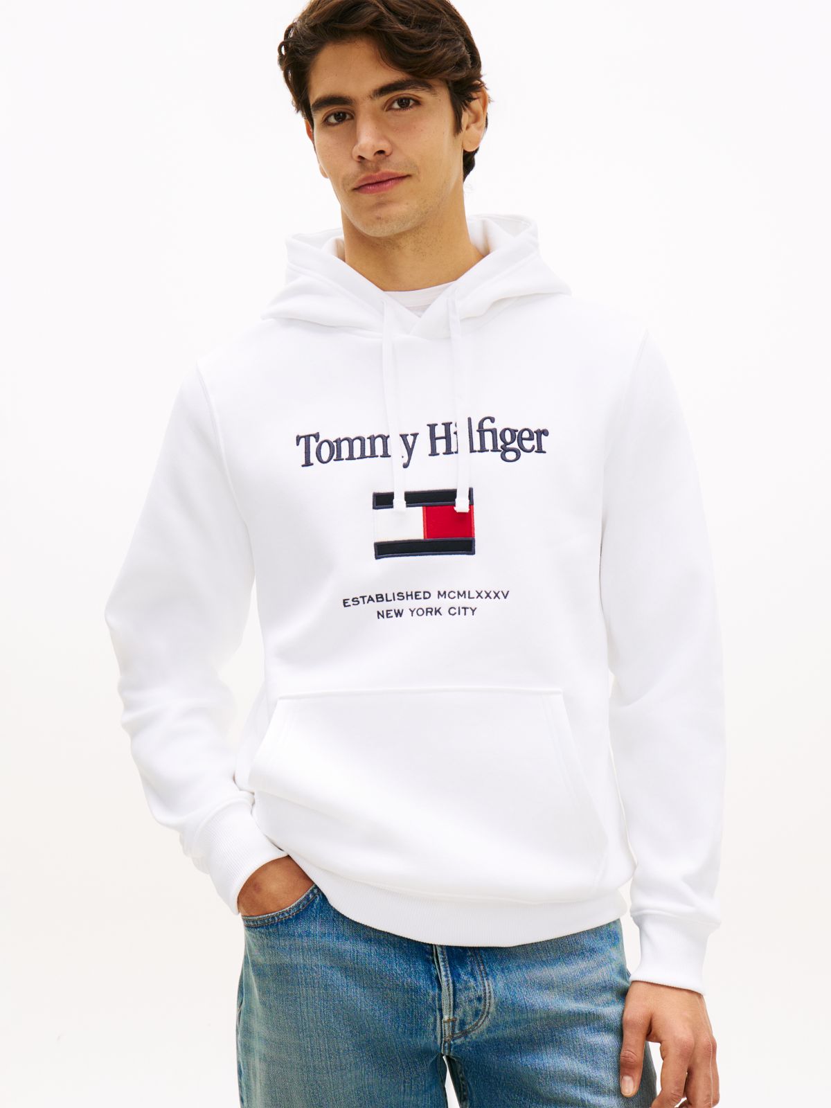 Embroidered Flag Logo Flex Fleece Hoodie — White