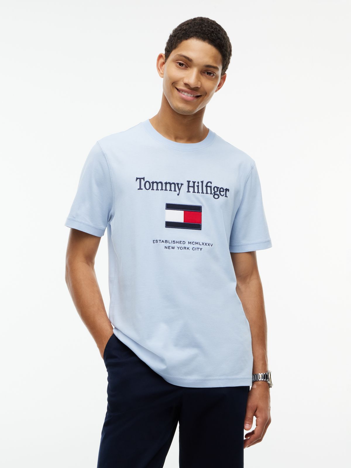 Embroidered Flag Logo T-Shirt — Sky Blue