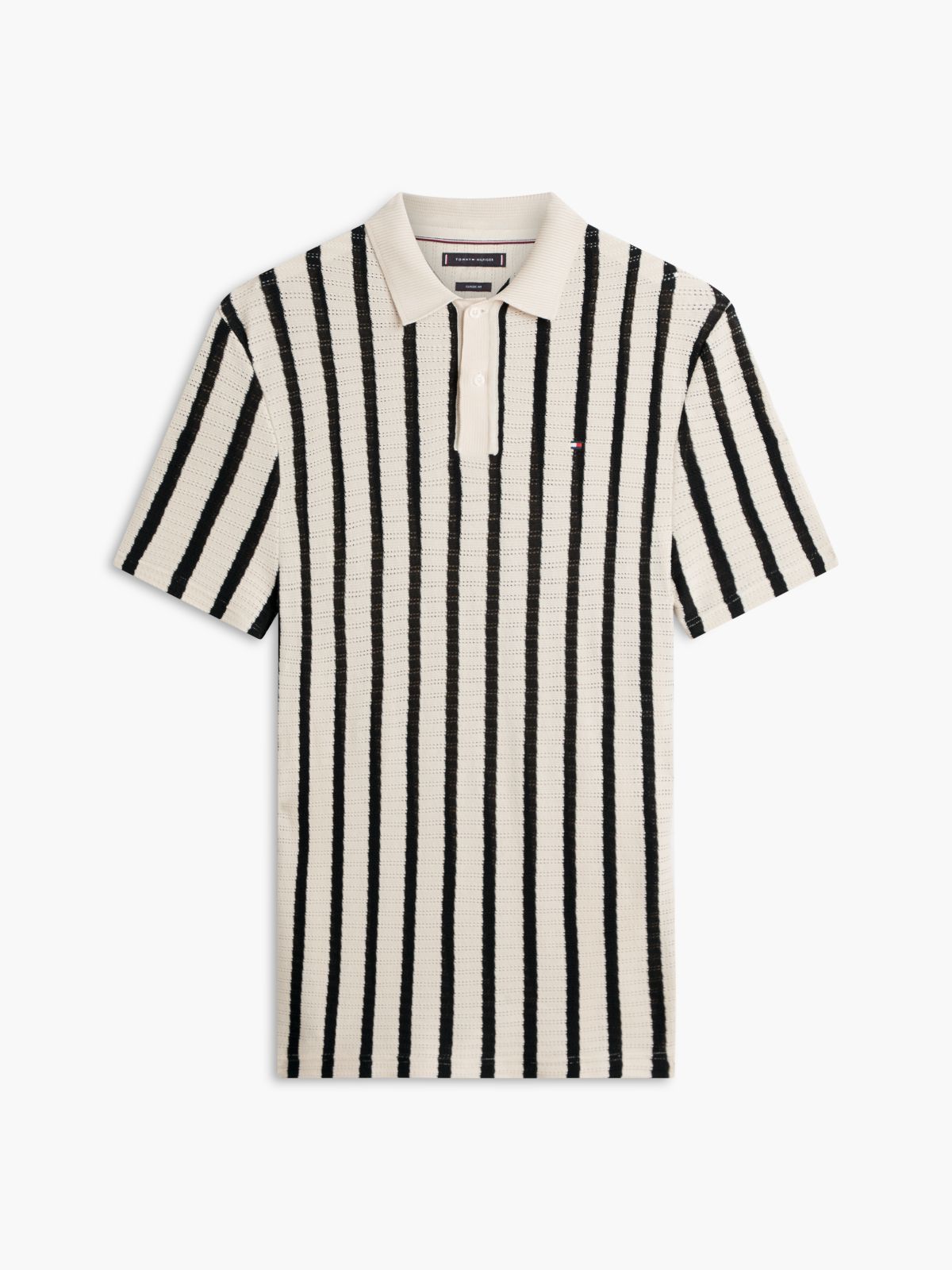 Classic Fit Stripe Open-Knit Polo — Black