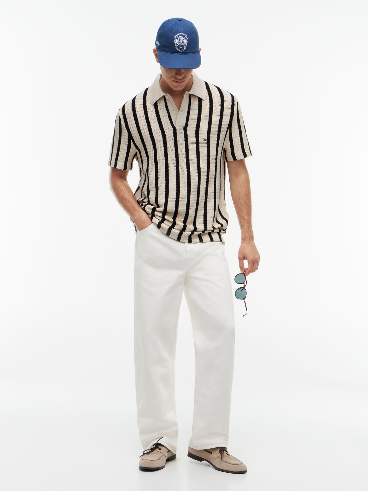 Classic Fit Stripe Open-Knit Polo — Black