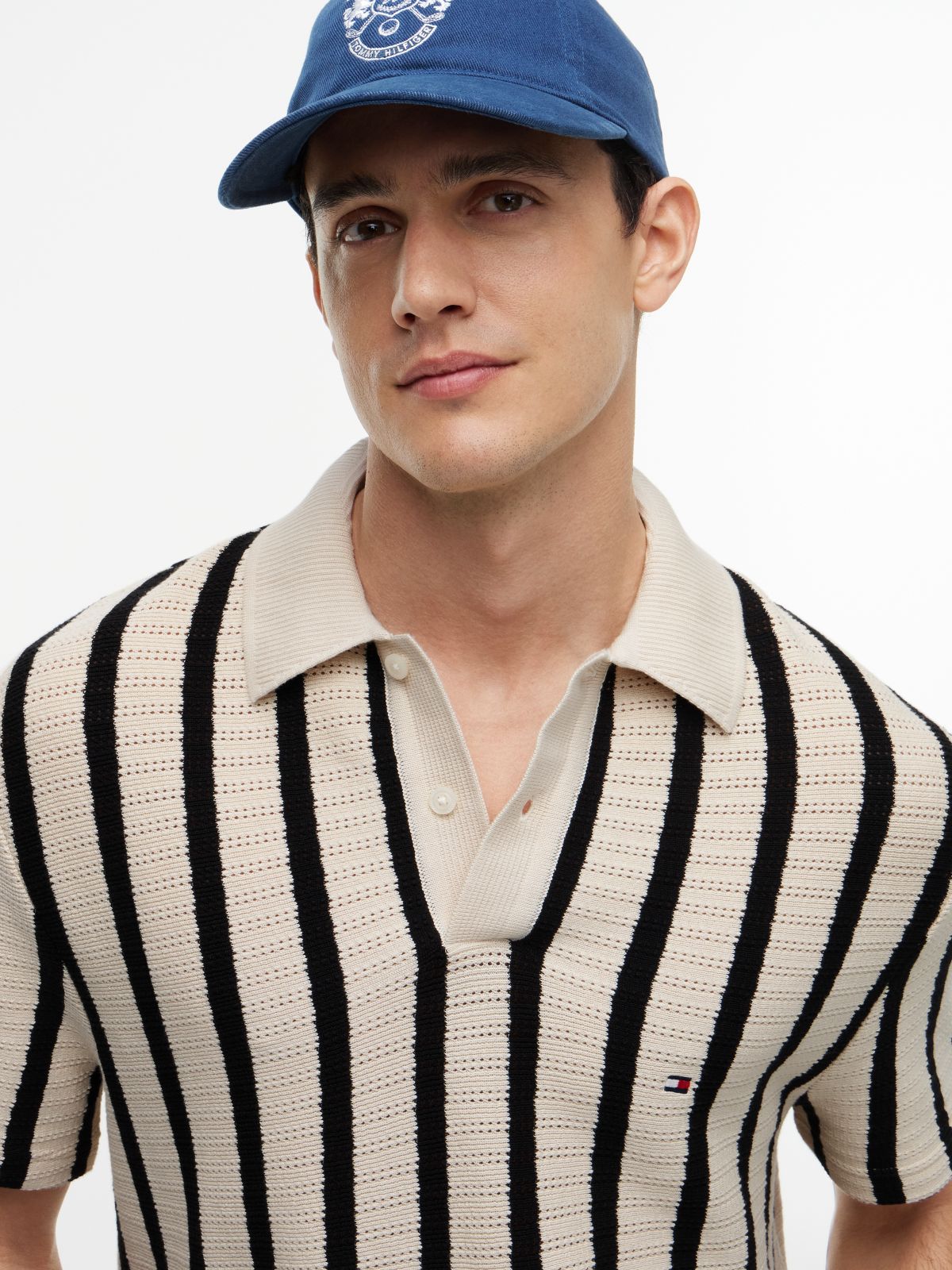 Classic Fit Stripe Open-Knit Polo — Black