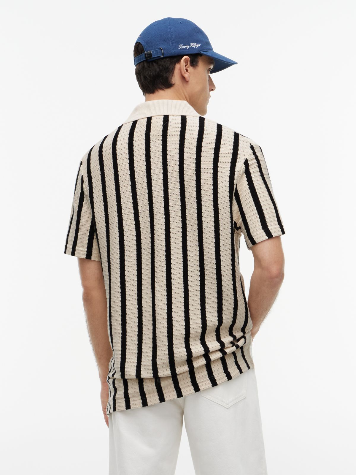 Classic Fit Stripe Open-Knit Polo — Black