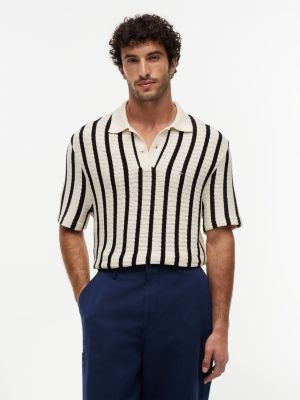 Classic Fit Stripe Open-Knit Polo, Black