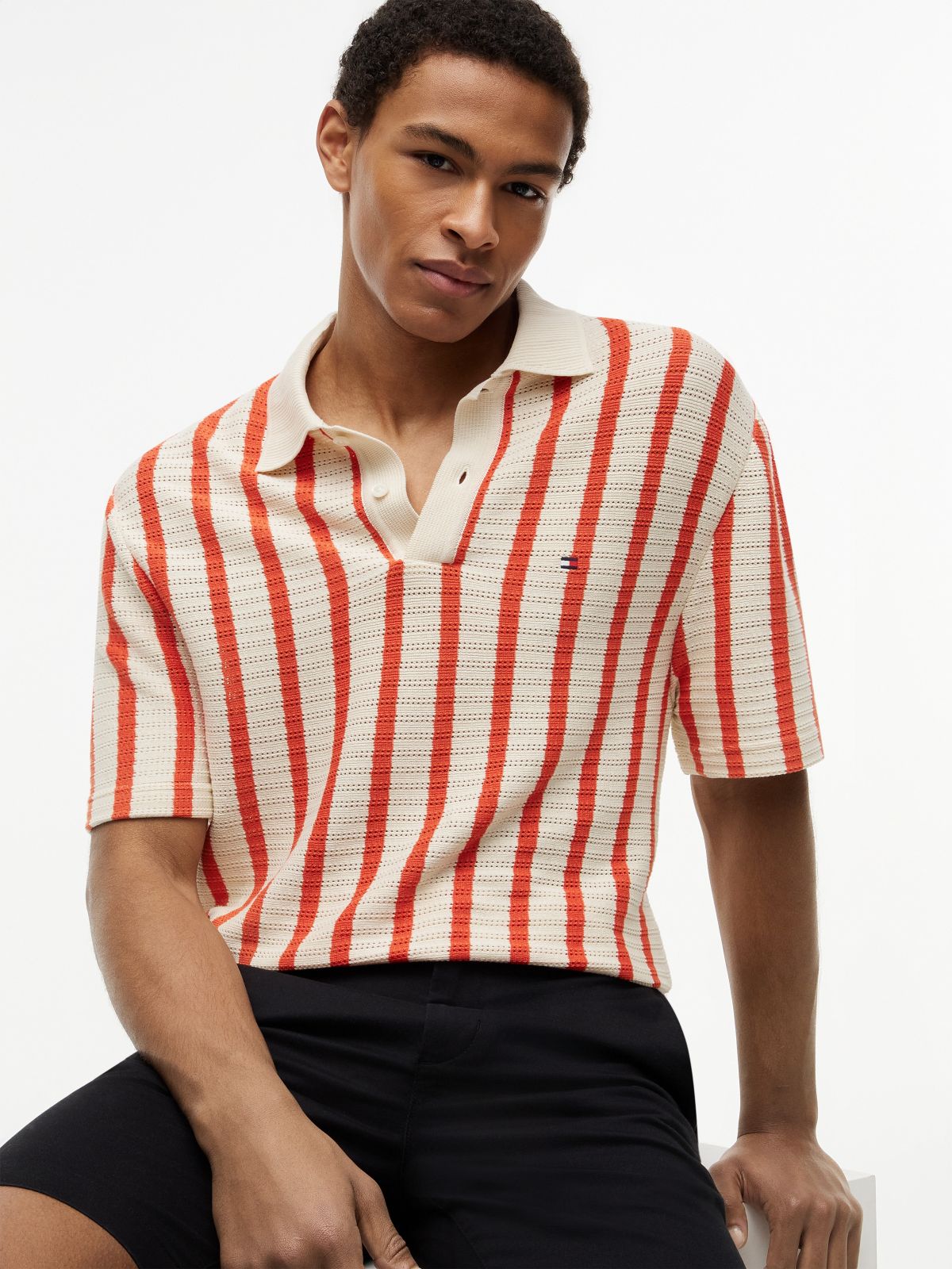 Classic Fit Stripe Open-Knit Polo — Brilliant Orange