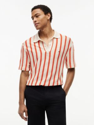 Classic Fit Stripe Open-Knit Polo, Brilliant Orange
