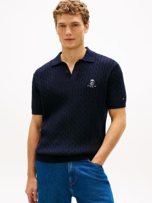 Short-Sleeve Cable Knit Sweater Polo, Navy