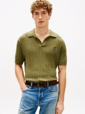 Short-Sleeve Cable Knit Sweater Polo, Dark Artichoke