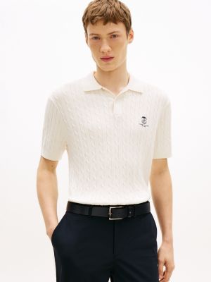 Short-Sleeve Cable Knit Sweater Polo, Ivory Petal