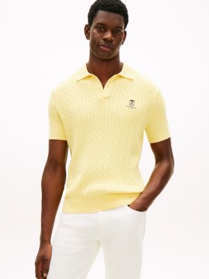 Short-Sleeve Cable Knit Sweater Polo, Citronella